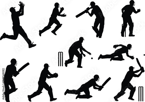 a collection of silhouetted figures depicting various dynamic cricket actions including batting bowling fielding and wicket keeping high quality professional detailed