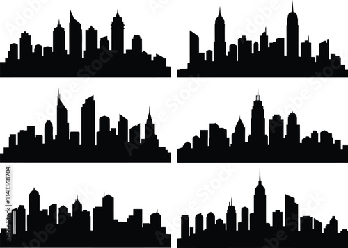 A striking black and white illustration depicts multiple city skylines in silhouette showcasing urban architecture and a minimalist aesthetic high quality