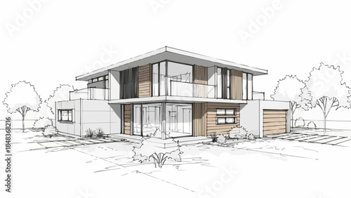 Modern Two Story House Architectural Sketch with Garage and Landscaping.