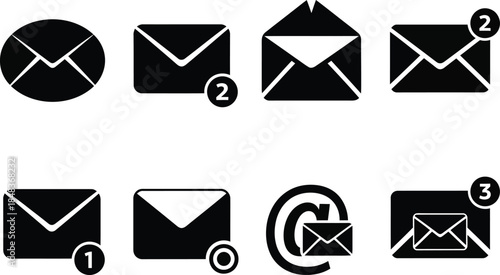 A collection of black and white email icons depicting various envelope styles and notification badges is displayed on a white background