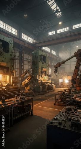 Large industrial workshop interior showcasing automated machinery and manual workspaces under bright overhead lighting