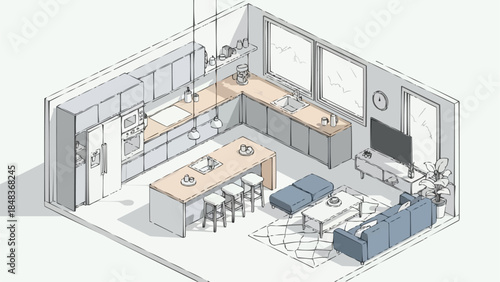 Modern Open Concept Kitchen and Living Area Isometric Sketch.