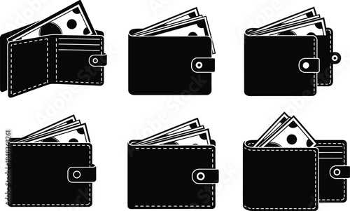 A collection of black and white wallet icons depicting various open and closed states showcasing money inside high quality professional detailed