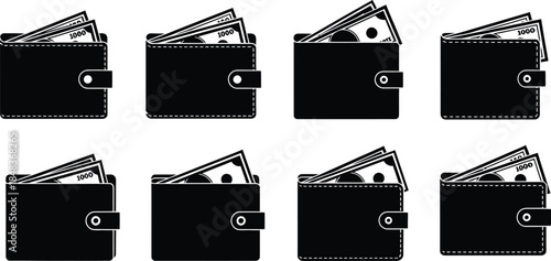A collection of black wallets displaying varying amounts of cash visually representing financial status and monetary value in a simple graphic