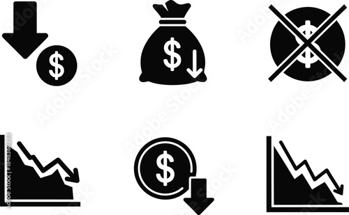 A collection of black silhouette icons representing financial loss market decline decreased value and negative economic trends is displayed high quality