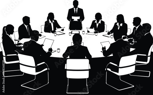 a silhouetted illustration depicts a business meeting with a presenter and seated professionals around a large conference table high quality professional