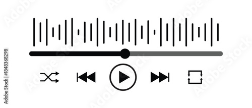 Music or video play bar icon Audio player for songs or podcast playlist. Play, buttons. Loading bar with time slider, pause, rewind and fast forward buttons. stock vector