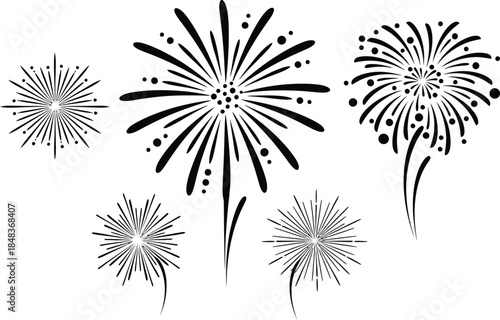 a minimalist depiction of fireworks displays with radiating bursts and trails presented in a black and white sketch style on a neutral background
