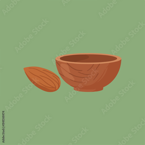 A simple illustration features a brown almond nut next to a small, empty wooden bowl on a muted green background.