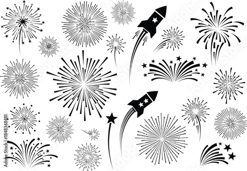 a grayscale image depicts various fireworks and rockets in mid explosion scattered across a white background creating a festive atmosphere