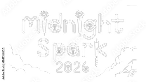 Midnight Spark 2026 : A minimalist illustration of the words Midnight Spark 2026 with abstract design of fireworks, and clouds in a clean, graphic style, capturing the excitement of a new year. 