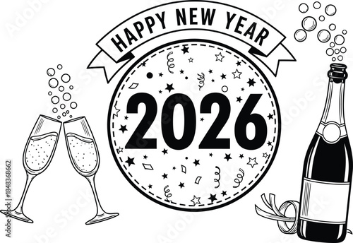A festive new year illustration features champagne glasses a bottle and a celebratory banner with 2026 displayed within a circular design
