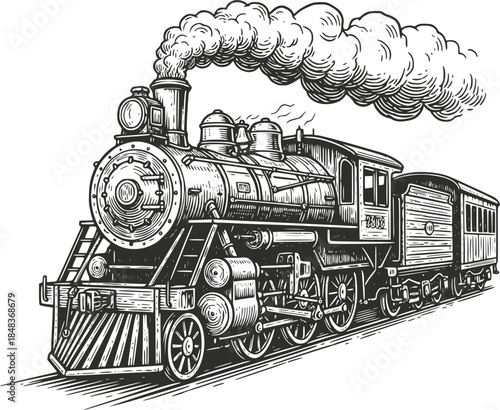 Vintage steam locomotive train illustration in woodcut style. Antique steam engine with billowing smoke and coal car, isolated on white. Retro industrial revolution transport and travel.
