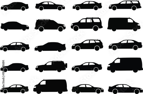 A collection of various vehicle silhouettes is displayed showcasing different car types and body styles in monochrome high quality professional detailed