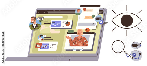 Laptop screen displaying video calls, data analysis, chat messages, and AI tools. Eye graphic and magnifier robot bot signify insight and artificial intelligence. Ideal for teamwork, analytics, AI