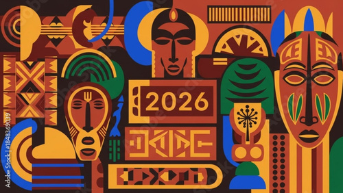 Vibrant african tribal masks and patterns with 2026 date in abstract art style