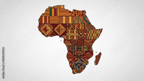 Vibrant african continent map with traditional tribal patterns and colorful designs on white