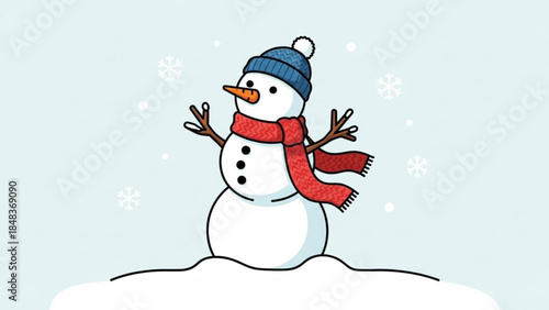 A cheerful snowman wearing a blue hat and red scarf stands in snowy landscape with falling