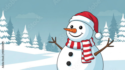 A cheerful snowman wearing a red and white santa hat and scarf stands in a snowy landscape