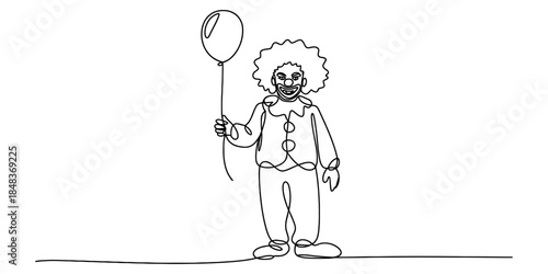 A smiling clown with a balloon rendered in a continuous line drawing style Vector, illustration