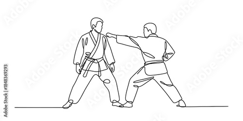 Karate practitioners engaged in a sparring match, captured in a continuous line drawing Vector, illustration