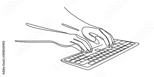 Hands typing on a computer keyboard in a minimalist line art style Vector, illustration