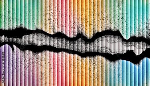 Abstract Rainbow Corrugated Metal Background with Grunge Ripped Paper Effect and Colorful Vertical Stripes