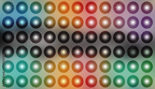 Abstract Multicolored Glowing Circle Grid Background with Vibrant Neon Spheres and Dark Gradient Texture