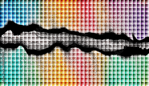 Abstract Rainbow Pixel Grid Pattern with Jagged Black Torn Paper Crack and Grunge Texture