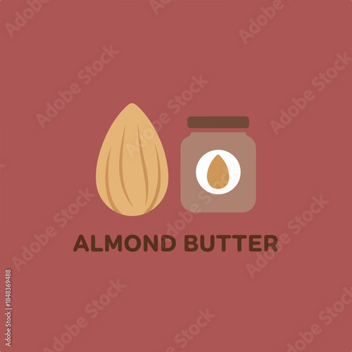 Minimalist graphic showing an almond nut and a jar of creamy almond butter, with 'ALMOND BUTTER' text below on a red background.