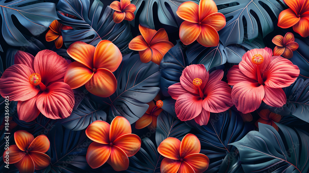 custom made wallpaper toronto digitalTropical flowers and leaves in a lush, vibrant arrangement.