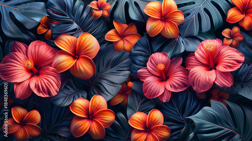 Wallpaper Mural Tropical flowers and leaves in a lush, vibrant arrangement. Torontodigital.ca