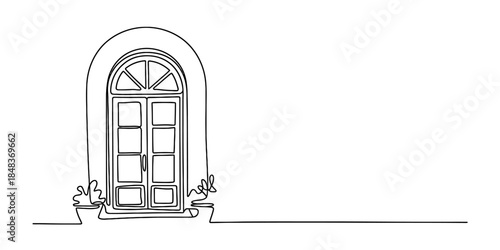 Elegant arched doorway with potted plants in a minimalist line drawing Vector, illustration