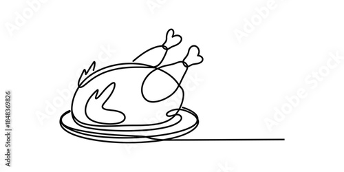 Continuous line art of a whole roasted turkey on a platter, minimalist design Vector, illustration