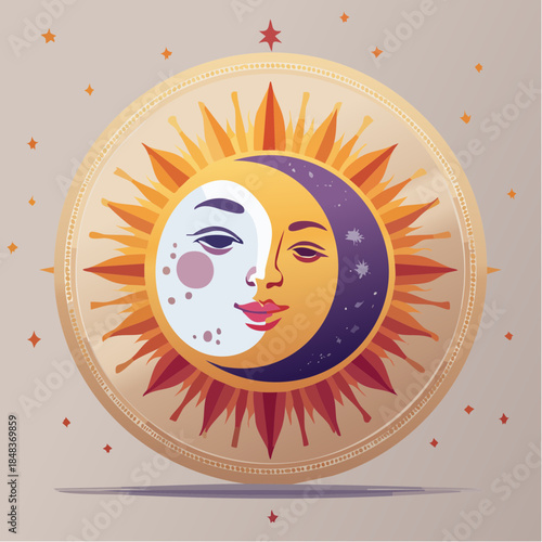 Sun and Moon Face Illustration in Circle Frame.