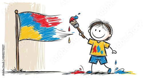 Childs Artistic Expression - Painting a Colorful Flag with Joy.