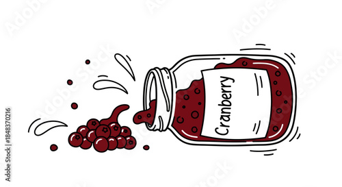 Cranberry jam jar spilling fruit and liquid, delicious food concept.