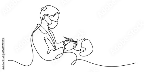 Continuous line drawing illustrating a dentist conducting an examination on a patient Vector, illustration