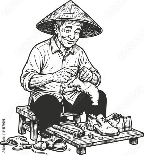 Vintage woodcut illustration of a traditional cobbler at work. Elderly shoemaker in a conical hat repairing leather footwear, isolated on white. Retro artisan craft and manual labor theme.