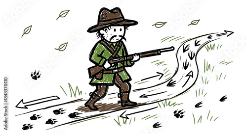 Hunter with shotgun follows animal tracks in the wilderness.