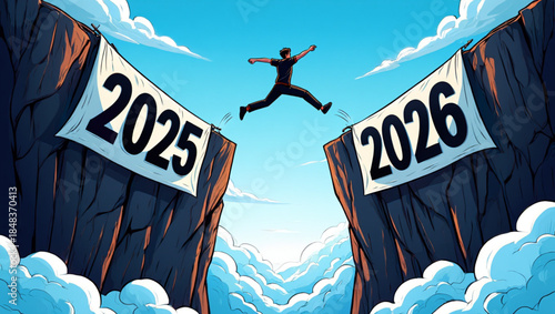 A person leaps across a chasm from the year 2025 to 2026, symbolizing transition and future goals