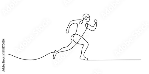 Continuous line drawing of a running person in motion, representing fitness and sport Vector, illustration