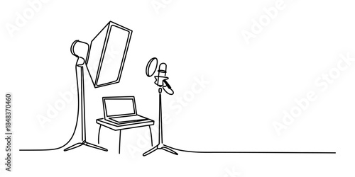 A single continuous line drawing of a podcast or recording studio setup with essential equipment Vector, illustration
