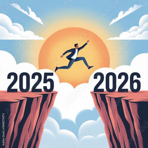 A businessman making a hopeful leap from the year 2025 into new opportunities of 2026