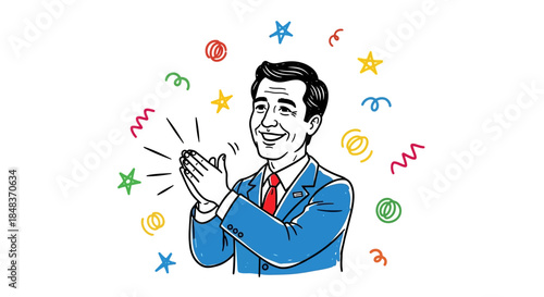 Man in Suit Clapping Hands Surrounded by Confetti and Stars.