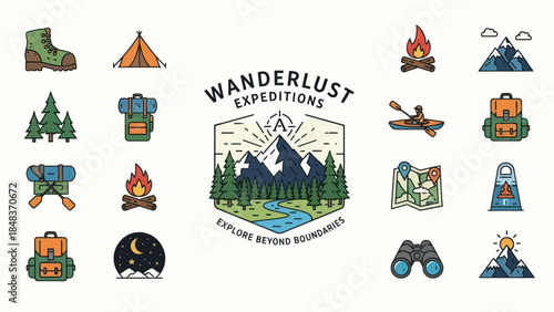Collection of Adventure Travel Icons and Logo.