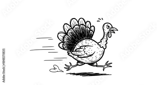 Cartoon Turkey Running Away in Fearful Escape from Thanksgiving Dinner.
