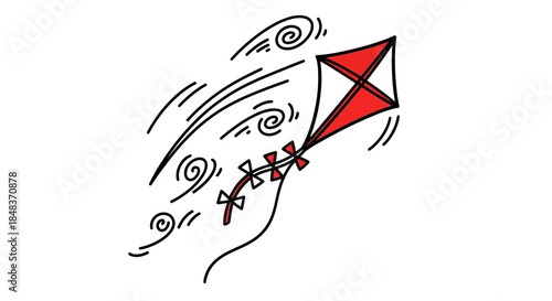 A red and white kite flying high in the wind.