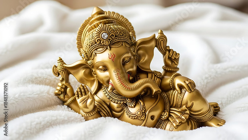Golden ganesh statue on white fabric