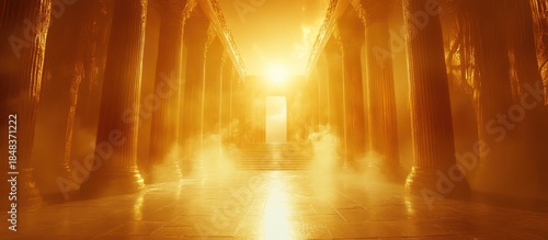 Wallpaper Mural Golden temple columns, sunrise, misty path, spiritual Torontodigital.ca